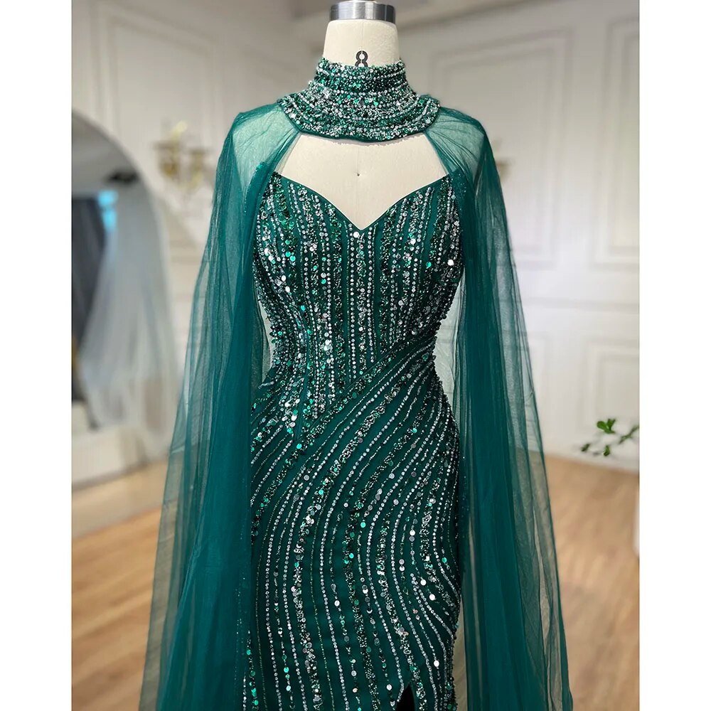 Vestido de noche árabe de sirena verde con abertura y mangas estilo capa con cuentas 2025 para mujer, fiesta de boda LA72073A