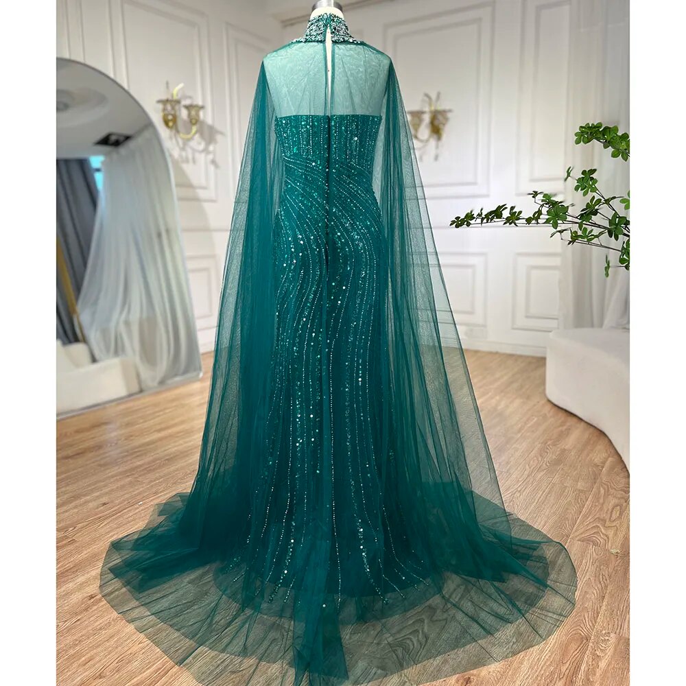 Vestido de noche árabe de sirena verde con abertura y mangas estilo capa con cuentas 2025 para mujer, fiesta de boda LA72073A