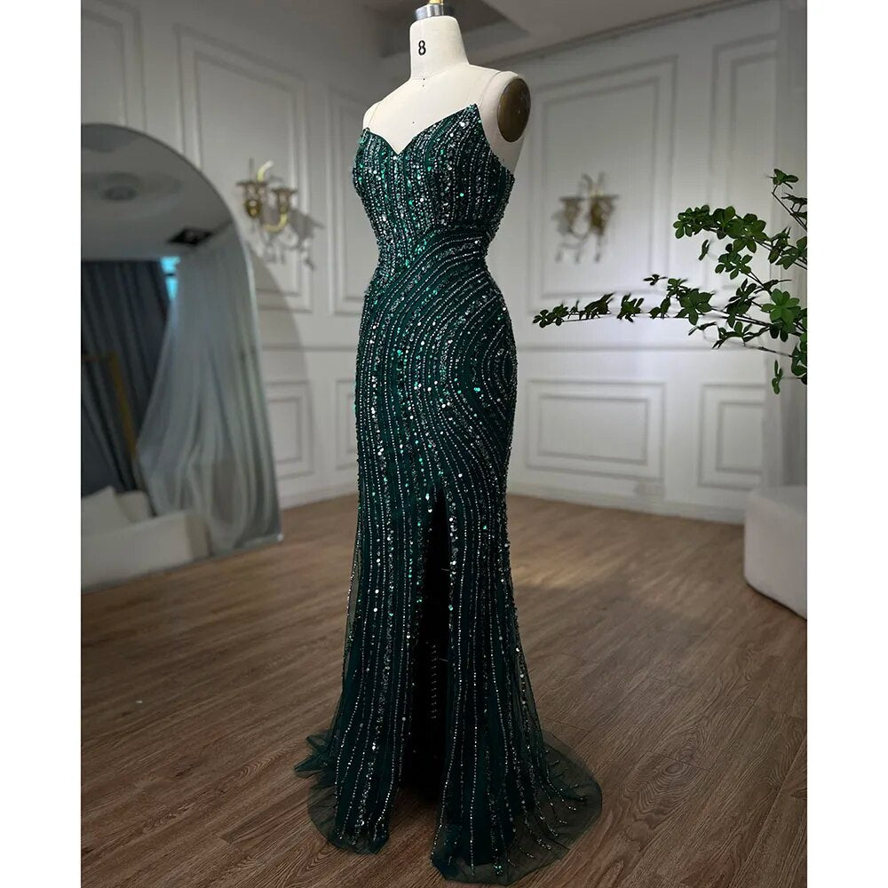 Vestido de noche árabe de sirena verde con abertura y mangas estilo capa con cuentas 2025 para mujer, fiesta de boda LA72073A