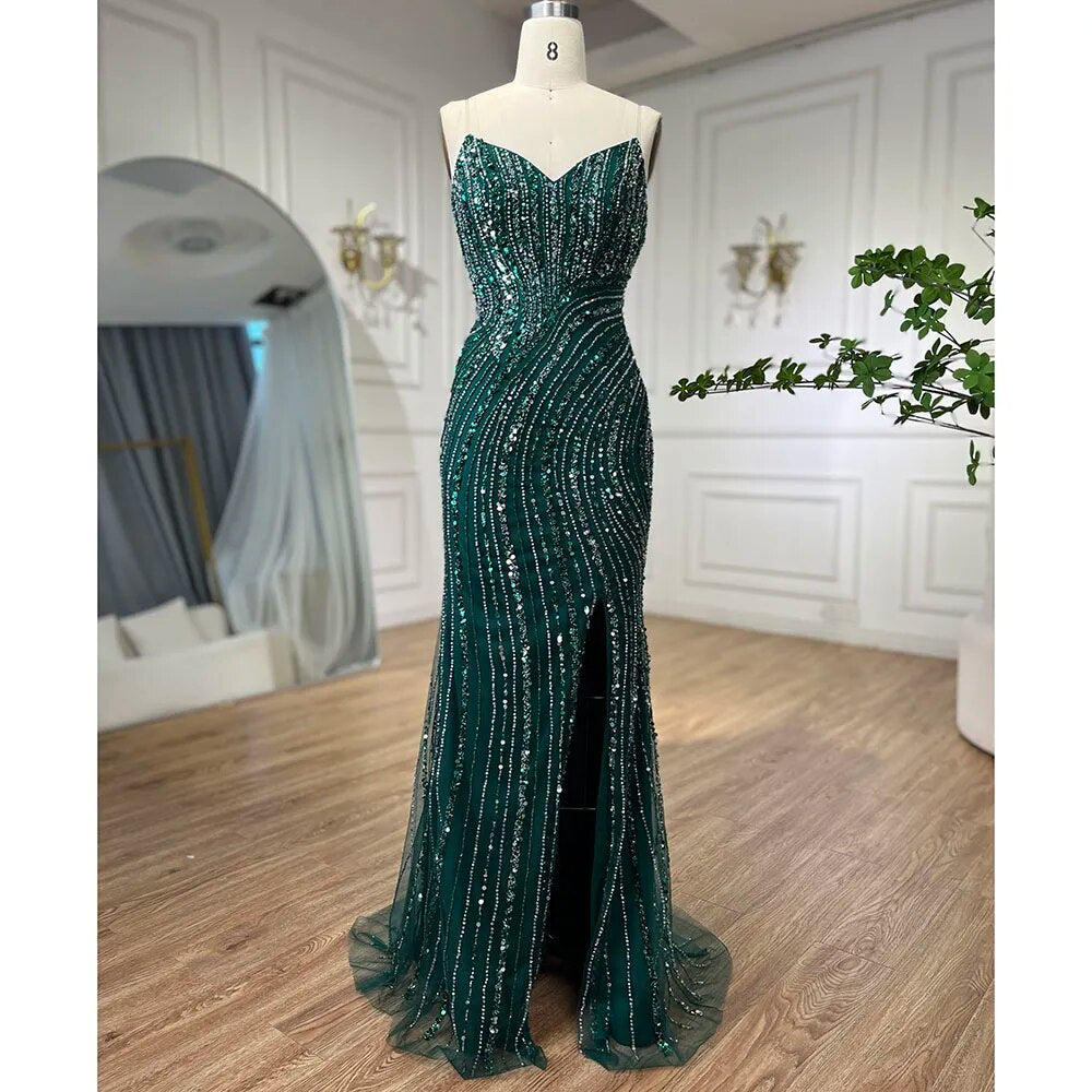 Vestido de noche árabe de sirena verde con abertura y mangas estilo capa con cuentas 2025 para mujer, fiesta de boda LA72073A