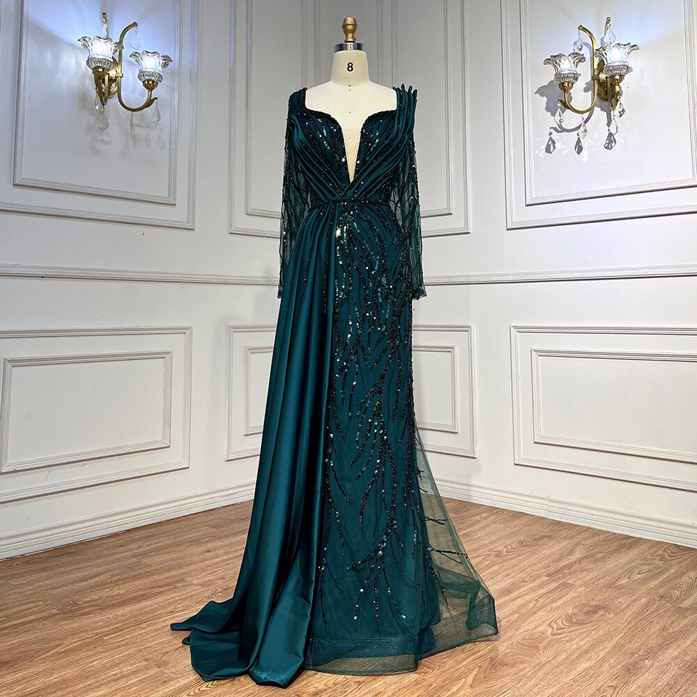 Vestidos de noche de sirena verde con cuentas, 2025, de satén elegante y de lujo para mujer, para fiesta, LA71860