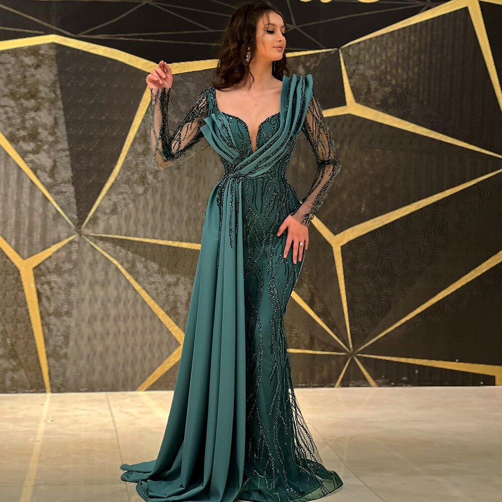 Vestidos de noche de sirena verde con cuentas, 2025, de satén elegante y de lujo para mujer, para fiesta, LA71860