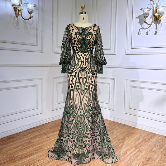 Elegante vestido de noche verde sirena con mangas abullonadas, encaje y cuentas, para mujer musulmana, fiesta 2025 LA71840