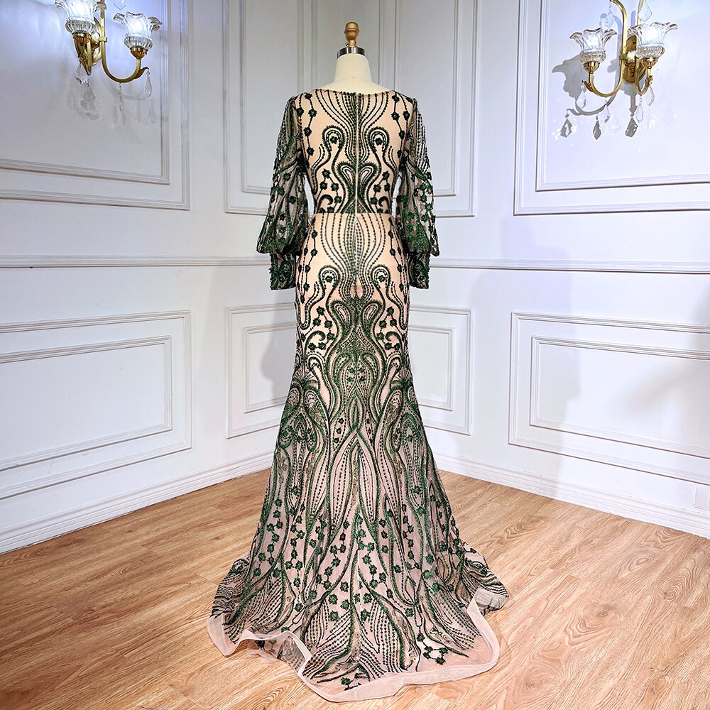 Elegante vestido de noche verde sirena con mangas abullonadas, encaje y cuentas, para mujer musulmana, fiesta 2025 LA71840