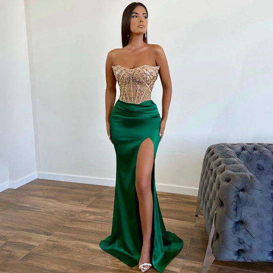 Vestido de noche elegante, sexy, de sirena verde, de satén con abertura alta y sin tirantes, con cuentas, para mujer, fiesta, LA71731