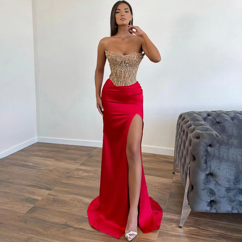 Vestido de noche elegante, sexy, de sirena verde, de satén con abertura alta y sin tirantes, con cuentas, para mujer, fiesta, LA71731