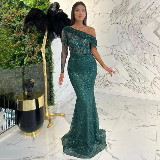 Vestido de noche elegante y sexy de sirena verde con un solo hombro, con perlas de lujo y cuentas, para mujer, fiesta LA71717