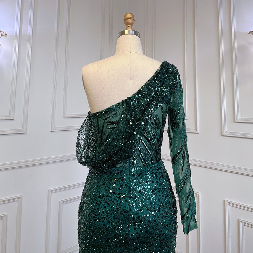 Vestido de noche elegante, sexy, de sirena verde, con un solo hombro, de lujo, con perlas y cuentas, para mujer, fiesta, LA71717