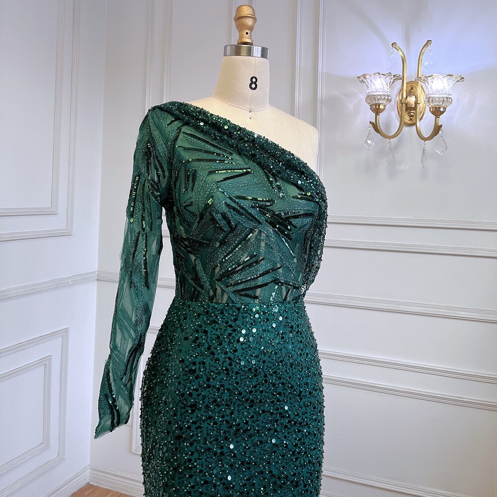Vestido de noche elegante, sexy, de sirena verde, con un solo hombro, de lujo, con perlas y cuentas, para mujer, fiesta, LA71717