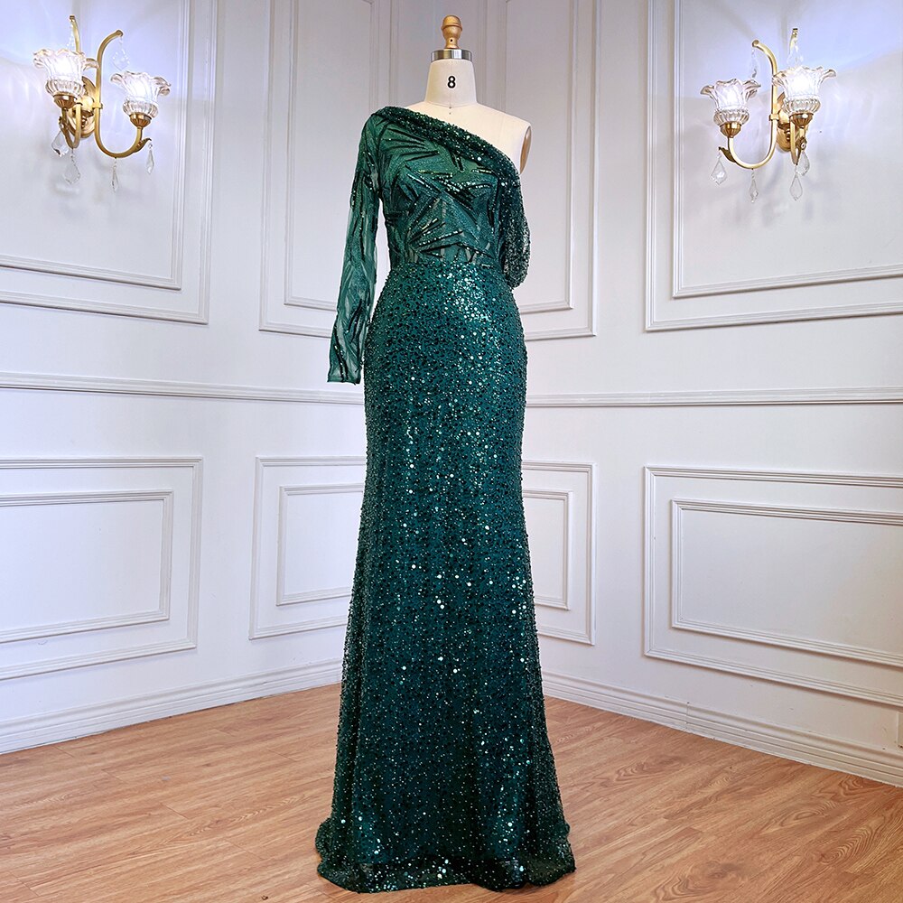 Vestido de noche elegante, sexy, de sirena verde, con un solo hombro, de lujo, con perlas y cuentas, para mujer, fiesta, LA71717