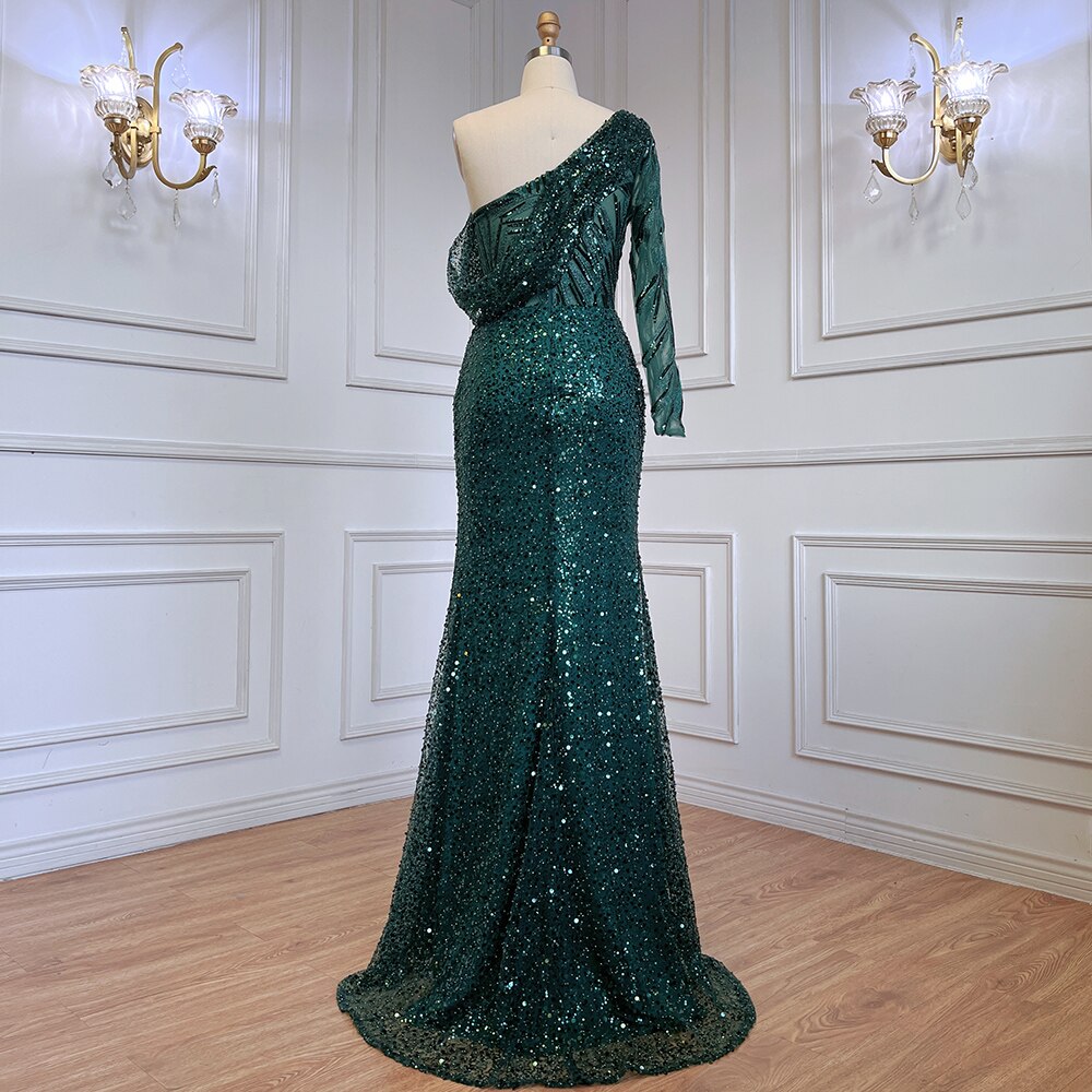 Vestido de noche elegante, sexy, de sirena verde, con un solo hombro, de lujo, con perlas y cuentas, para mujer, fiesta, LA71717