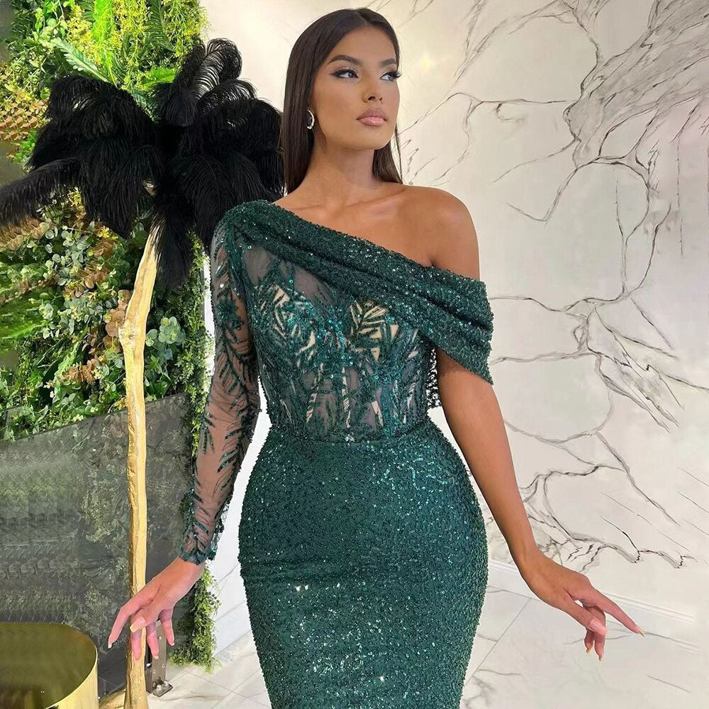 Vestido de noche elegante, sexy, de sirena verde, con un solo hombro, de lujo, con perlas y cuentas, para mujer, fiesta, LA71717