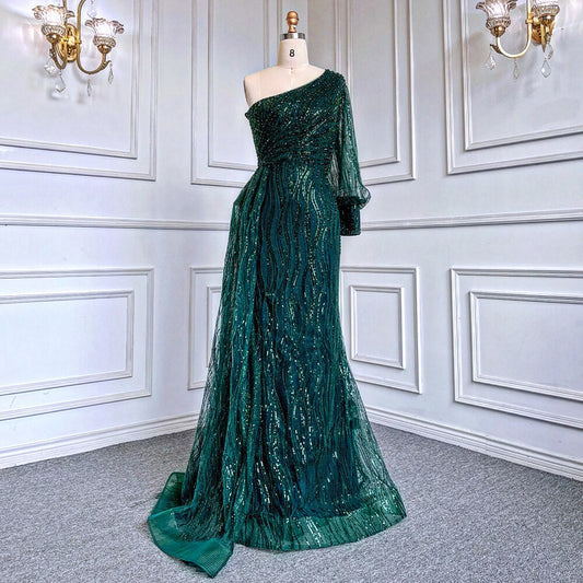 Vestido de noche elegante, sexy, de sirena verde, con un hombro al descubierto, mangas abullonadas y cuentas de lujo para mujer, vestido de fiesta LA71772
