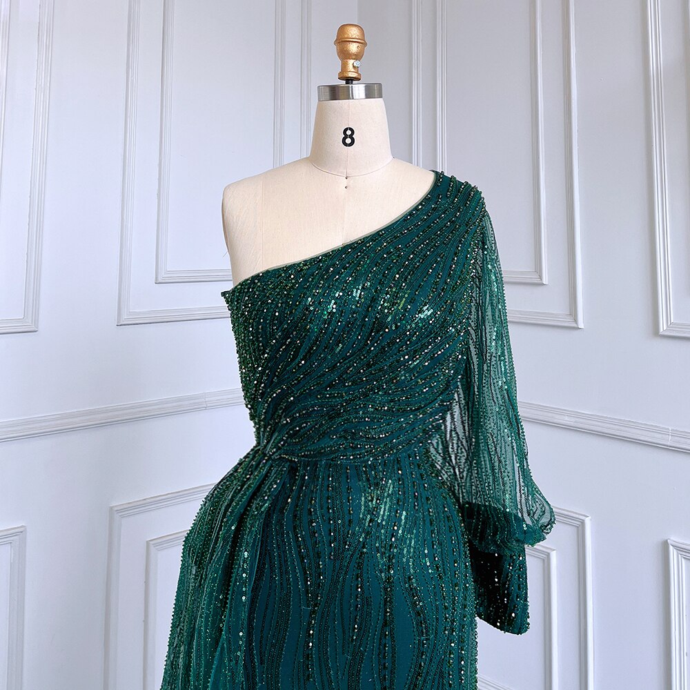 Vestido de noche elegante, sexy, de sirena verde, con un hombro al descubierto, mangas abullonadas y cuentas de lujo para mujer, vestido de fiesta LA71772