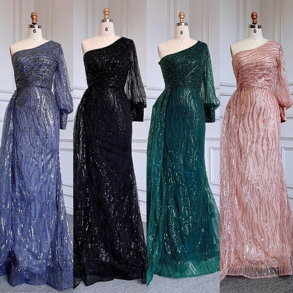 Vestido de noche elegante, sexy, de sirena verde, con un hombro al descubierto, mangas abullonadas y cuentas de lujo para mujer, vestido de fiesta LA71772