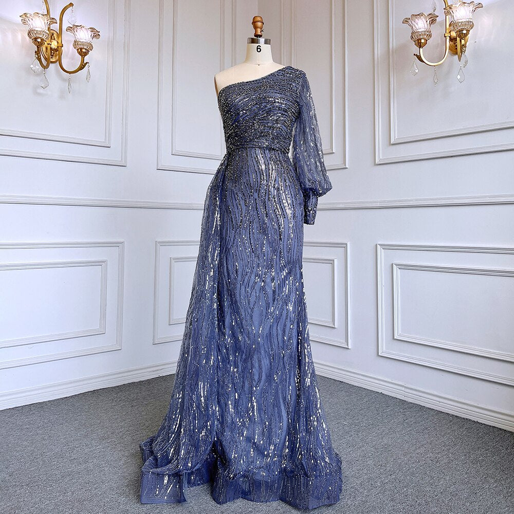 Vestido de noche elegante, sexy, de sirena verde, con un hombro al descubierto, mangas abullonadas y cuentas de lujo para mujer, vestido de fiesta LA71772