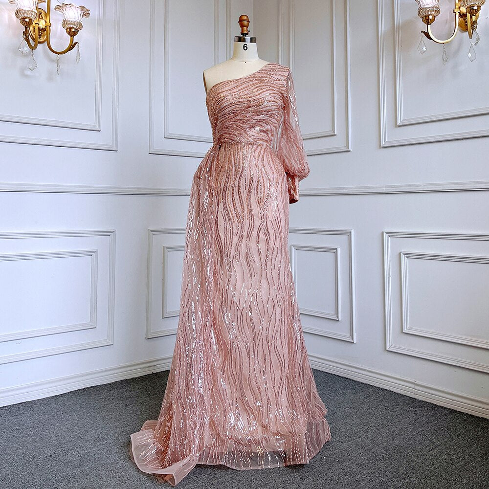Vestido de noche elegante, sexy, de sirena verde, con un hombro al descubierto, mangas abullonadas y cuentas de lujo para mujer, vestido de fiesta LA71772