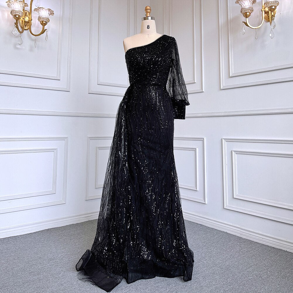 Vestido de noche elegante, sexy, de sirena verde, con un hombro al descubierto, mangas abullonadas y cuentas de lujo para mujer, vestido de fiesta LA71772