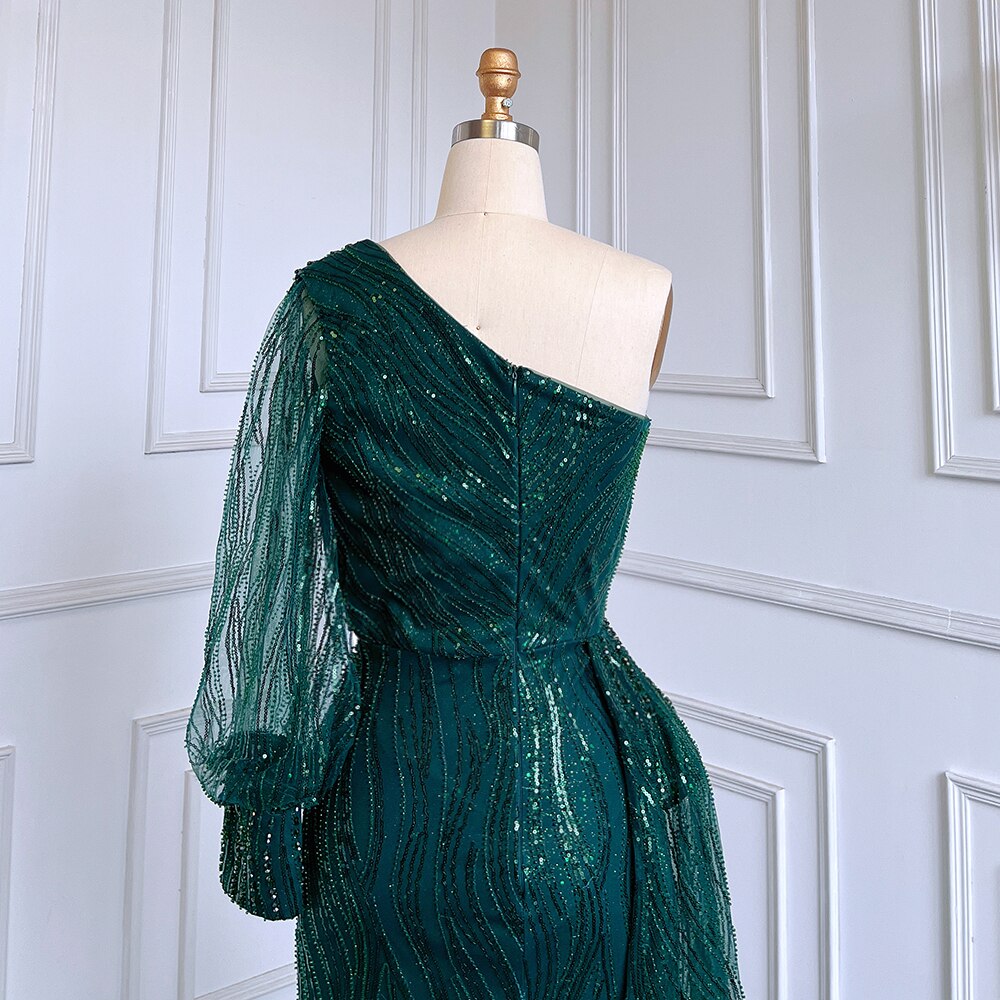 Vestido de noche elegante, sexy, de sirena verde, con un hombro al descubierto, mangas abullonadas y cuentas de lujo para mujer, vestido de fiesta LA71772