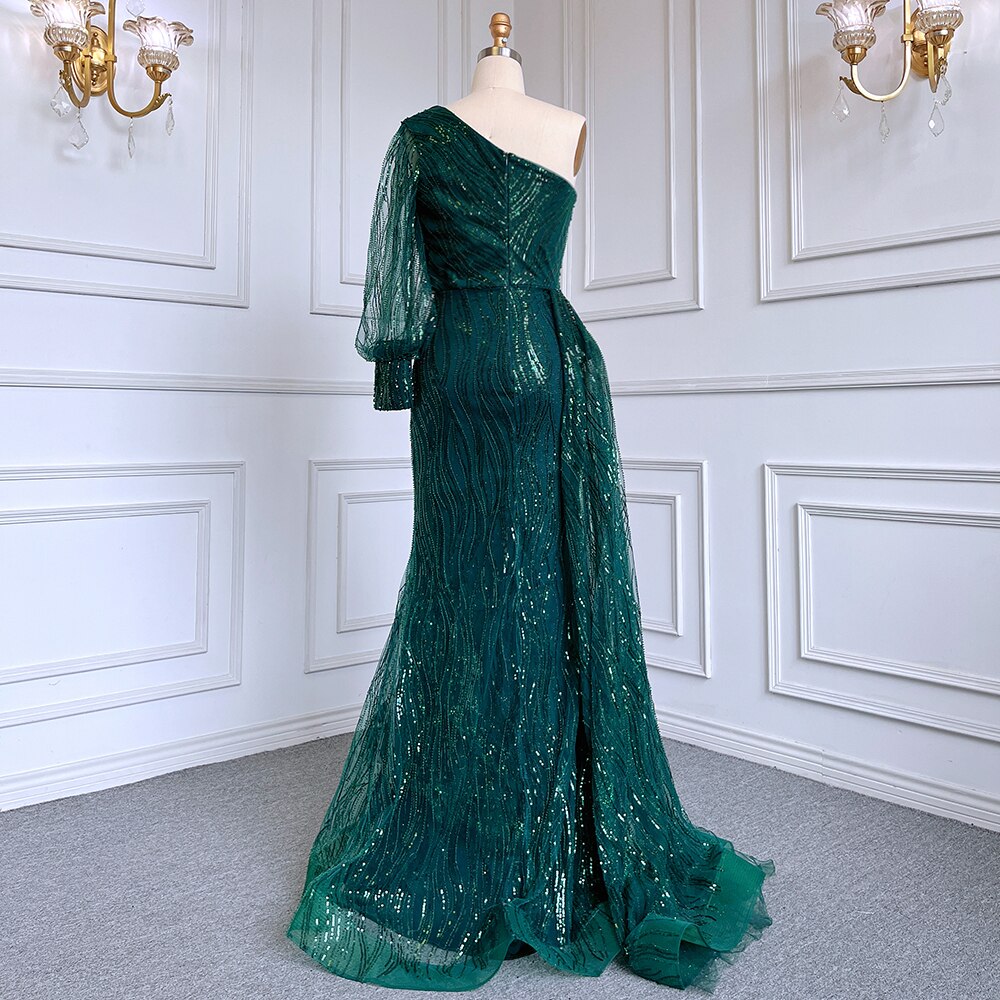 Vestido de noche elegante, sexy, de sirena verde, con un hombro al descubierto, mangas abullonadas y cuentas de lujo para mujer, vestido de fiesta LA71772