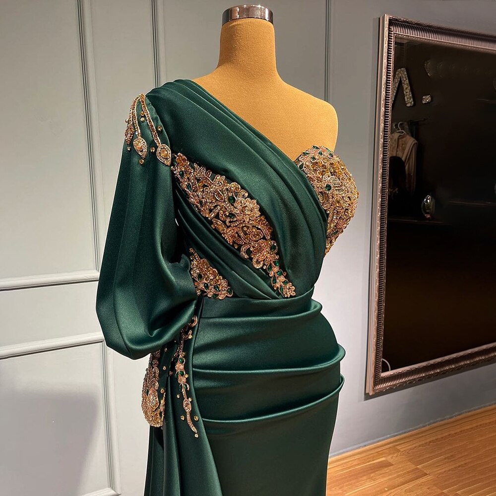 Vestido de noche elegante y sexy de satén con un solo hombro, corte sirena verde, con cuentas de lujo, para mujer, fiesta, LA71706