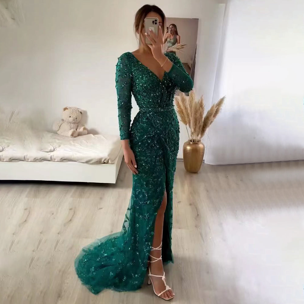 Elegante vestido de noche de sirena verde con escote en V y perlas, mangas largas, de lujo, con cuentas, para mujer, boda, fiesta, LA70499