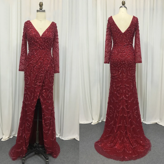 Elegante vestido de noche de sirena verde con escote en V y perlas, mangas largas, de lujo, con cuentas, para mujer, boda, fiesta, LA70499