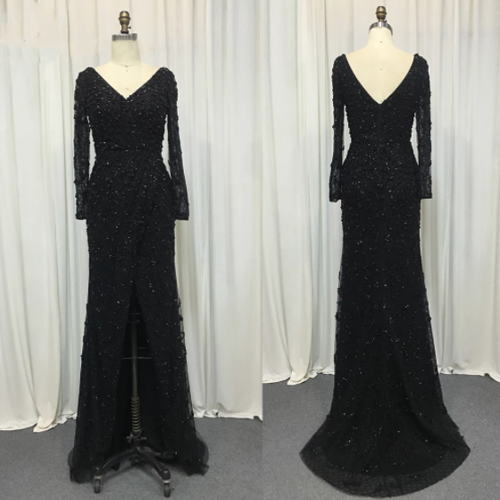 Elegante vestido de noche de sirena verde con escote en V y perlas, mangas largas, de lujo, con cuentas, para mujer, boda, fiesta, LA70499