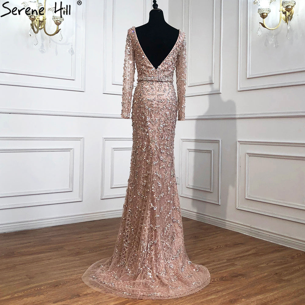 Elegante vestido de noche de sirena verde con escote en V y perlas, mangas largas, de lujo, con cuentas, para mujer, boda, fiesta, LA70499