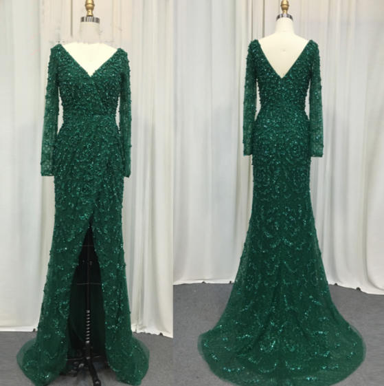 Elegante vestido de noche de sirena verde con escote en V y perlas, mangas largas, de lujo, con cuentas, para mujer, boda, fiesta, LA70499