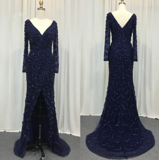 Elegante vestido de noche de sirena verde con escote en V y perlas, mangas largas, de lujo, con cuentas, para mujer, boda, fiesta, LA70499