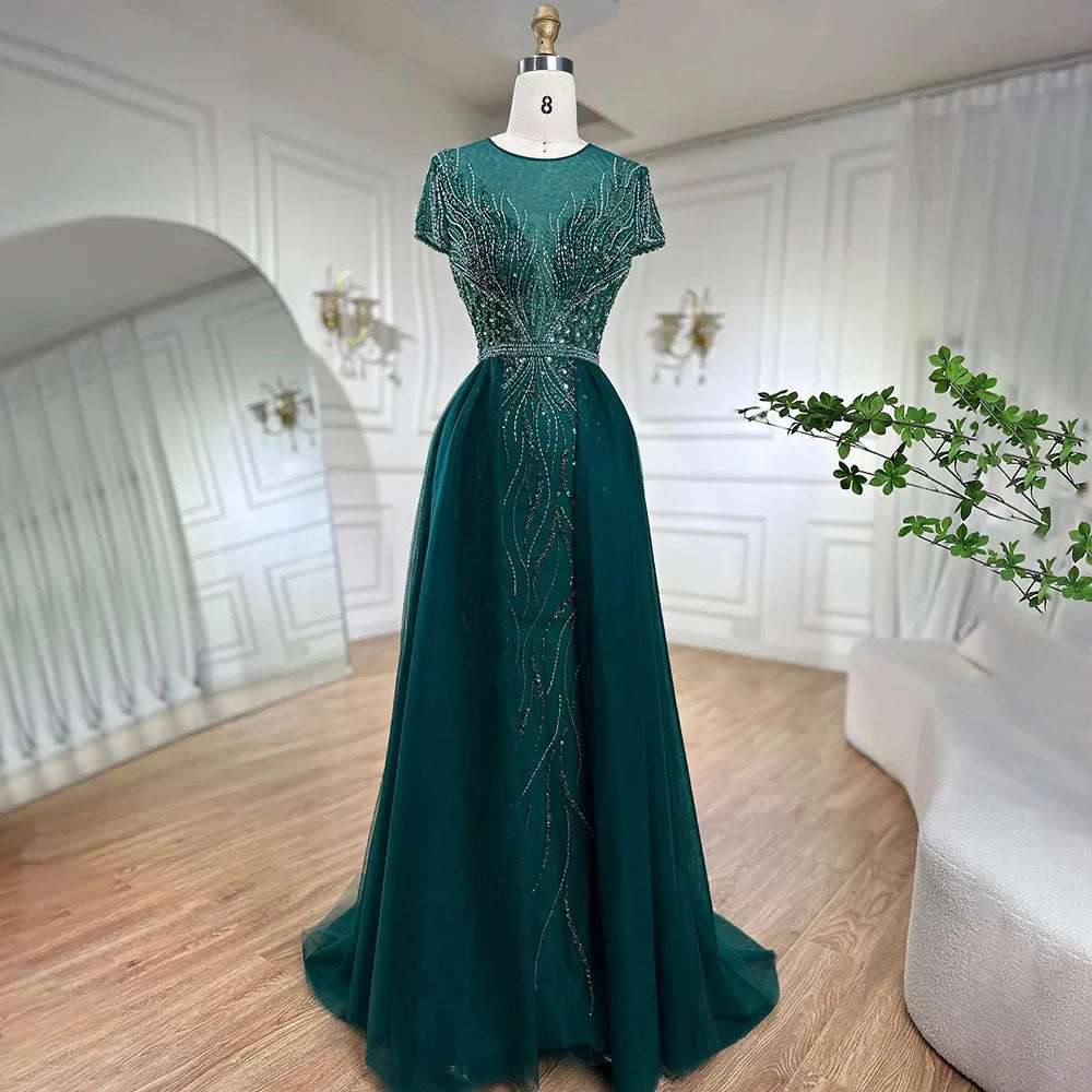 Elegante vestido de noche verde sirena con sobrefalda y cuentas, de lujo, estilo Dubái, para mujer, para boda, fiesta, 2025, LA72241