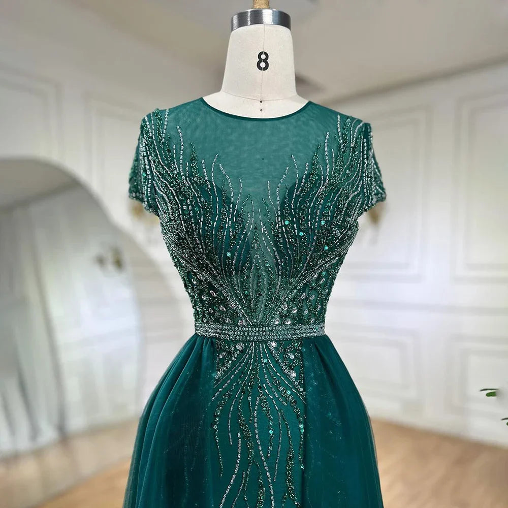 Elegante vestido de noche verde sirena con sobrefalda y cuentas, de lujo, estilo Dubái, para mujer, para boda, fiesta, 2025, LA72241