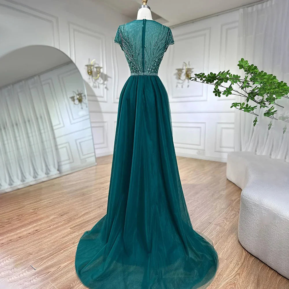 Elegante vestido de noche verde sirena con sobrefalda y cuentas, de lujo, estilo Dubái, para mujer, para boda, fiesta, 2025, LA72241