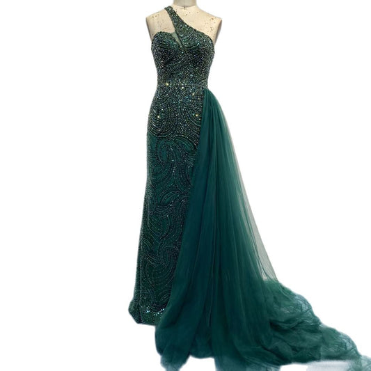 Vestido de noche elegante de sirena verde con sobrefalda, sexy, de un solo hombro, de lujo, con cuentas, para mujer, fiesta, LA71755