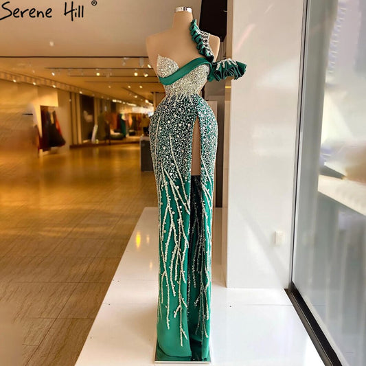 Vestido de noche verde sirena con abertura alta, 2025, de lujo, con cuentas y un hombro descubierto para mujer, fiesta LA71317