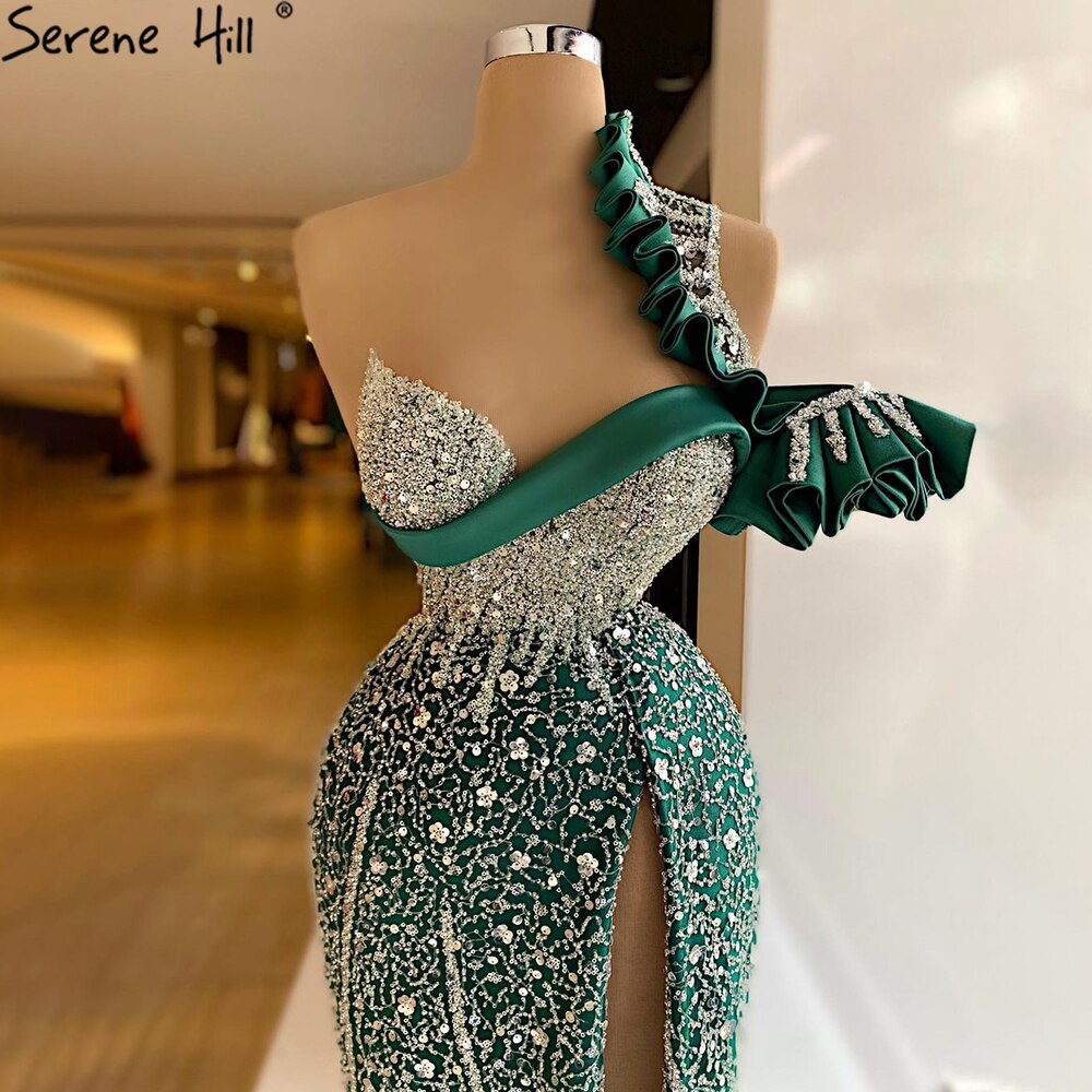 Vestido de noche verde sirena con abertura alta, 2025, de lujo, con cuentas y un hombro descubierto para mujer, fiesta LA71317
