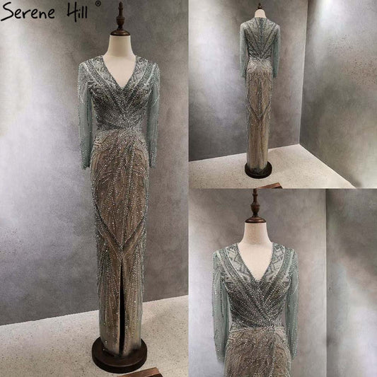 Vestido de noche verde sirena con abertura alta, elegante, de lujo, con cuentas, para mujer, fiesta, LA71385