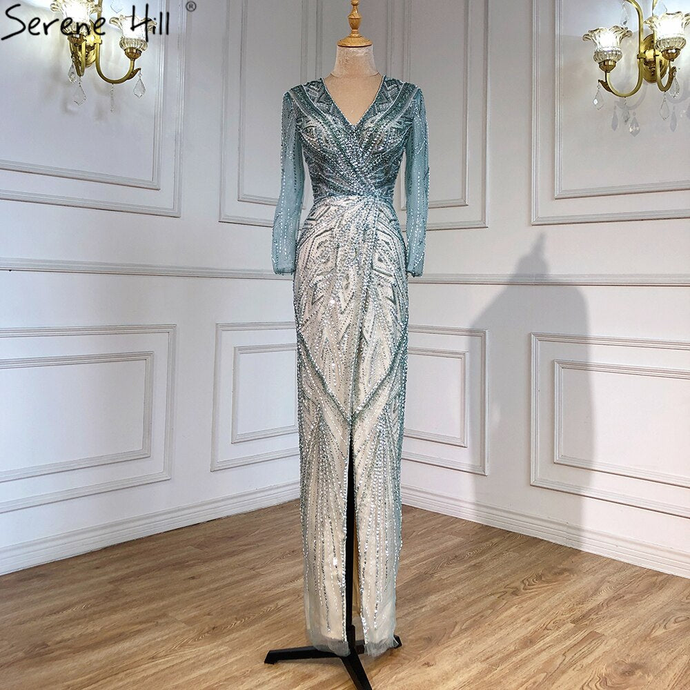 Vestido de noche verde sirena con abertura alta, elegante, de lujo, con cuentas, para mujer, fiesta, LA71385