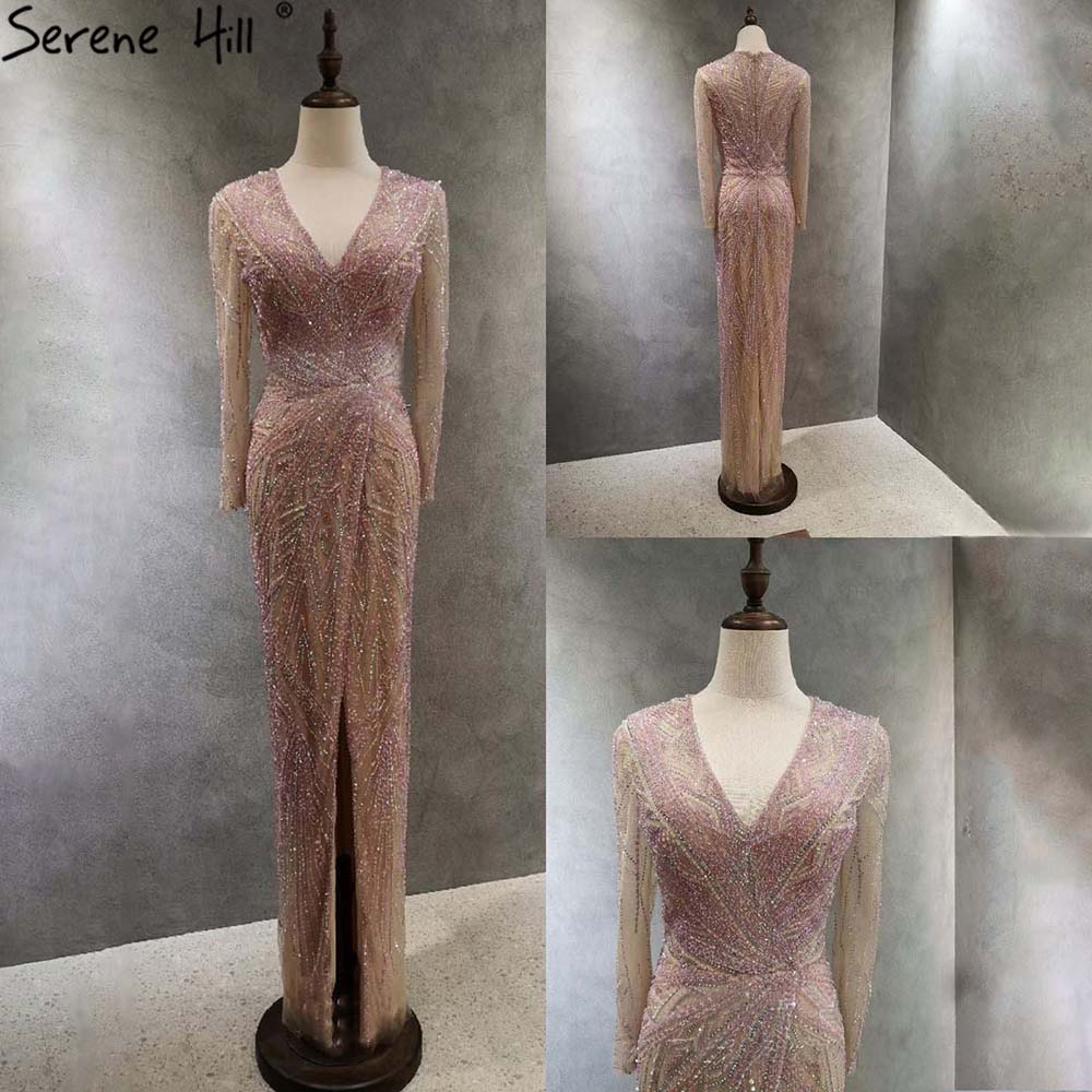 Vestido de noche verde sirena con abertura alta, elegante, de lujo, con cuentas, para mujer, fiesta, LA71385
