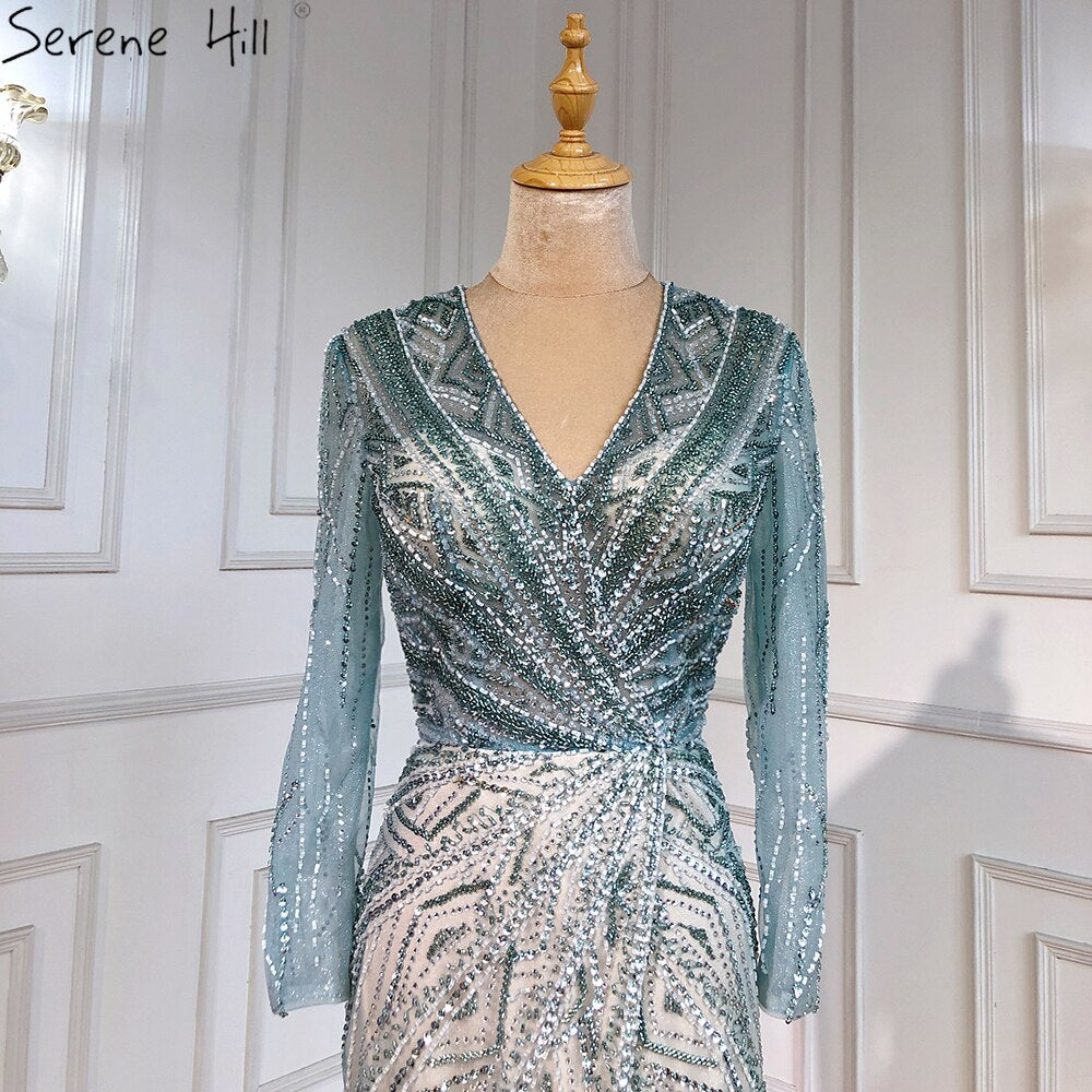 Vestido de noche verde sirena con abertura alta, elegante, de lujo, con cuentas, para mujer, fiesta, LA71385