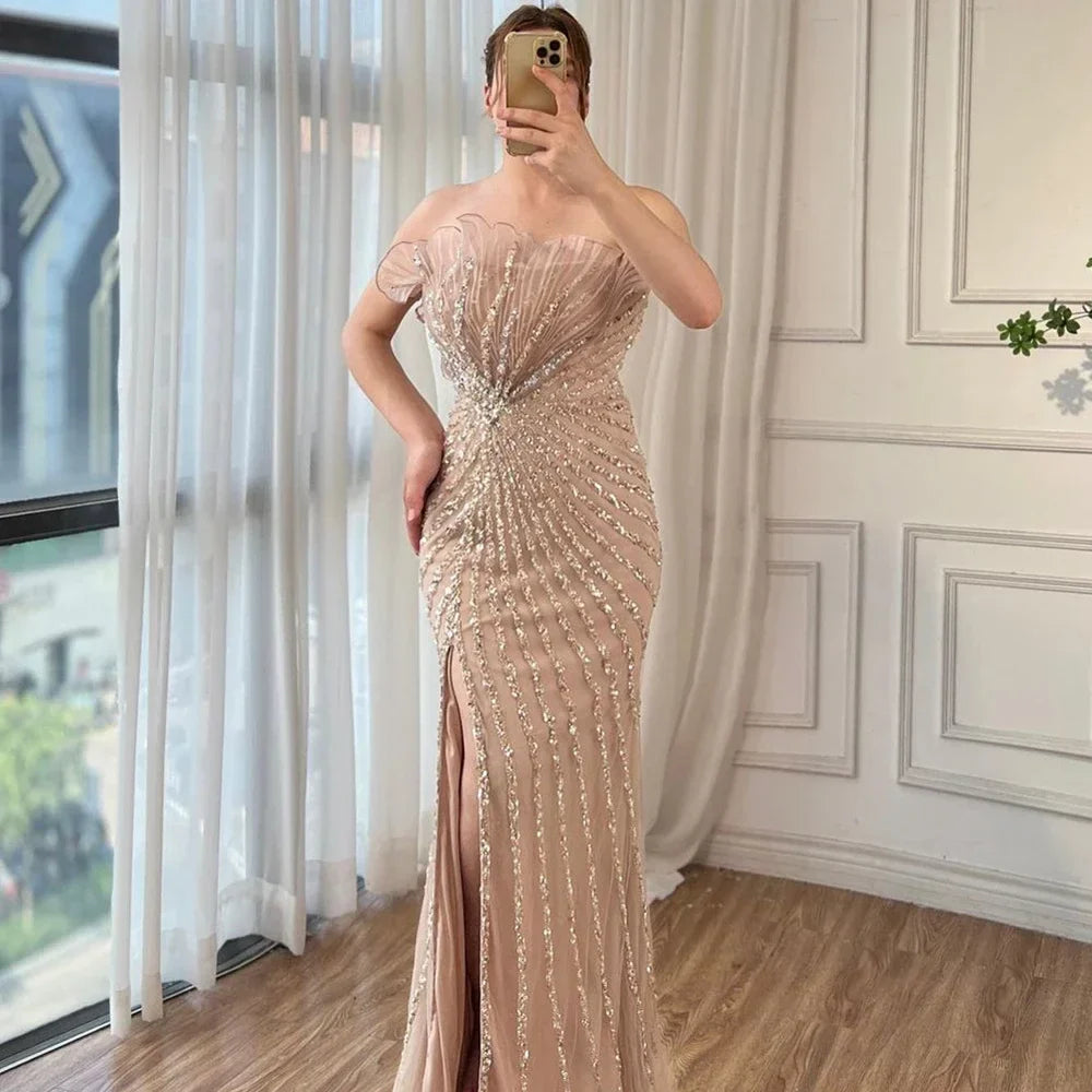 Vestido de noche de lujo estilo Dubái con escote sirena verde, abertura alta y hombros descubiertos, con cuentas, para mujer, 2025, LA72049