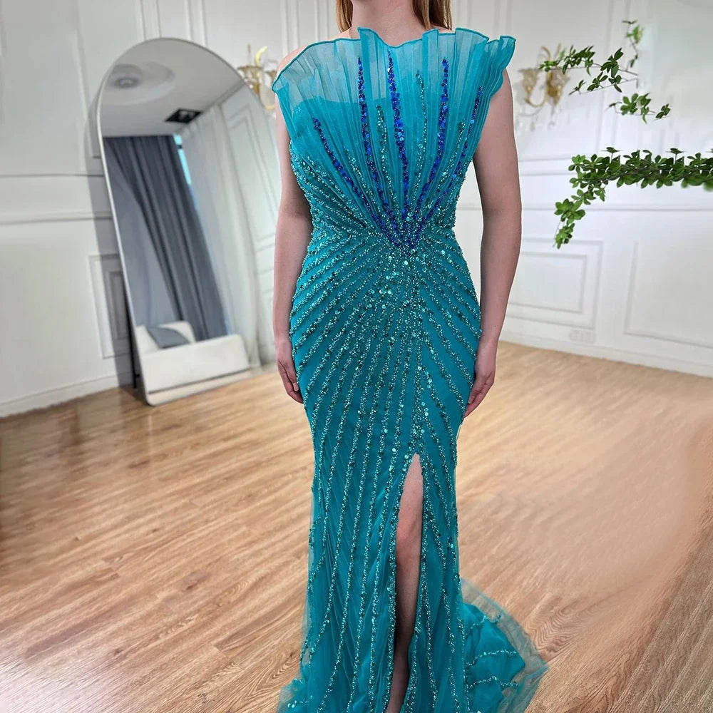 Vestido de noche de lujo estilo Dubái con escote sirena verde, abertura alta y hombros descubiertos, con cuentas, para mujer, 2025, LA72049