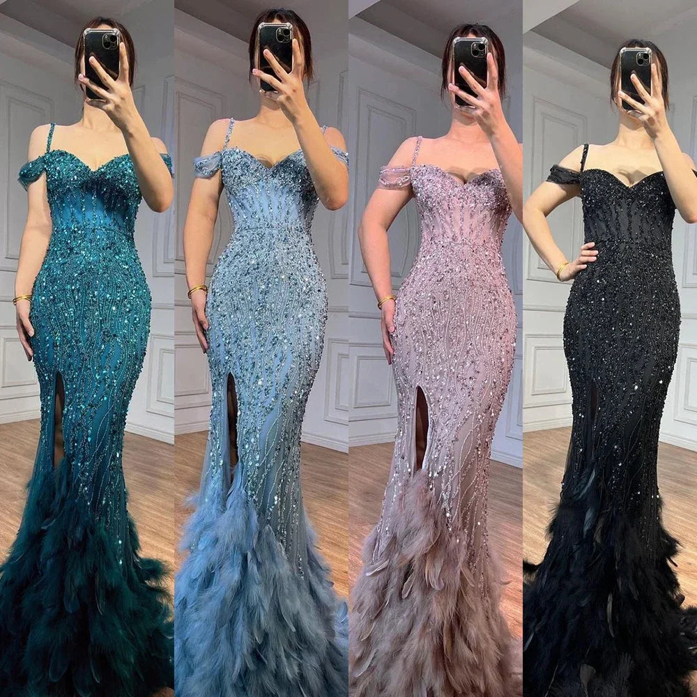 Vestido de noche largo con escote sirena, hombros descubiertos, plumas y cuentas, color verde, para mujer, 2025, LA71650A