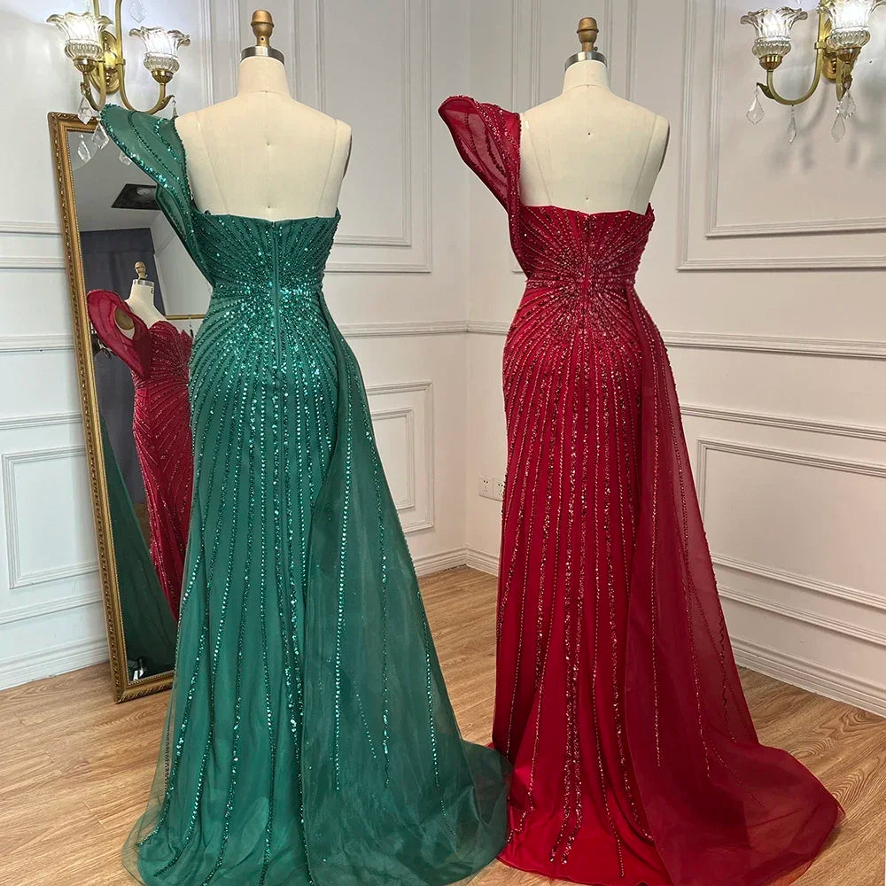 Vestido de noche verde sirena con abertura alta, un hombro y cuentas, para boda 2025 LA71779