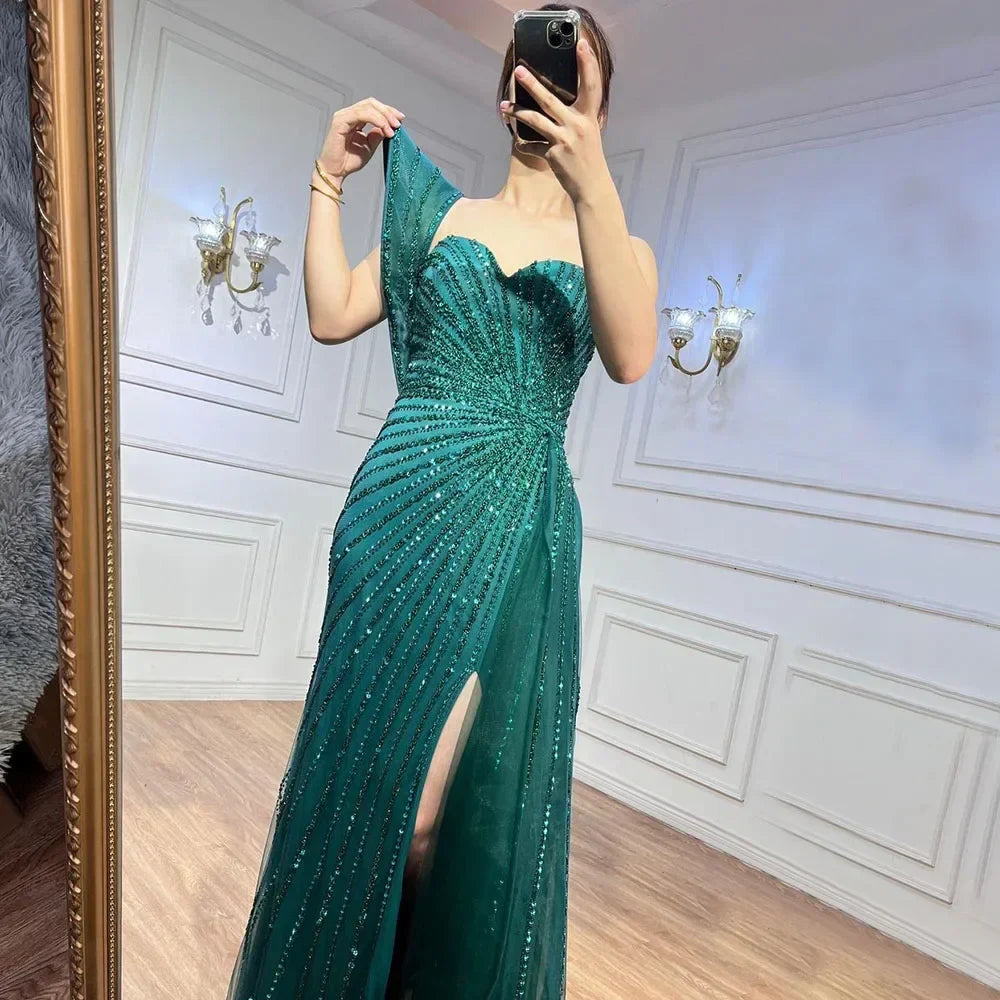 Vestido de noche verde sirena con abertura alta, un hombro y cuentas, para boda 2025 LA71779