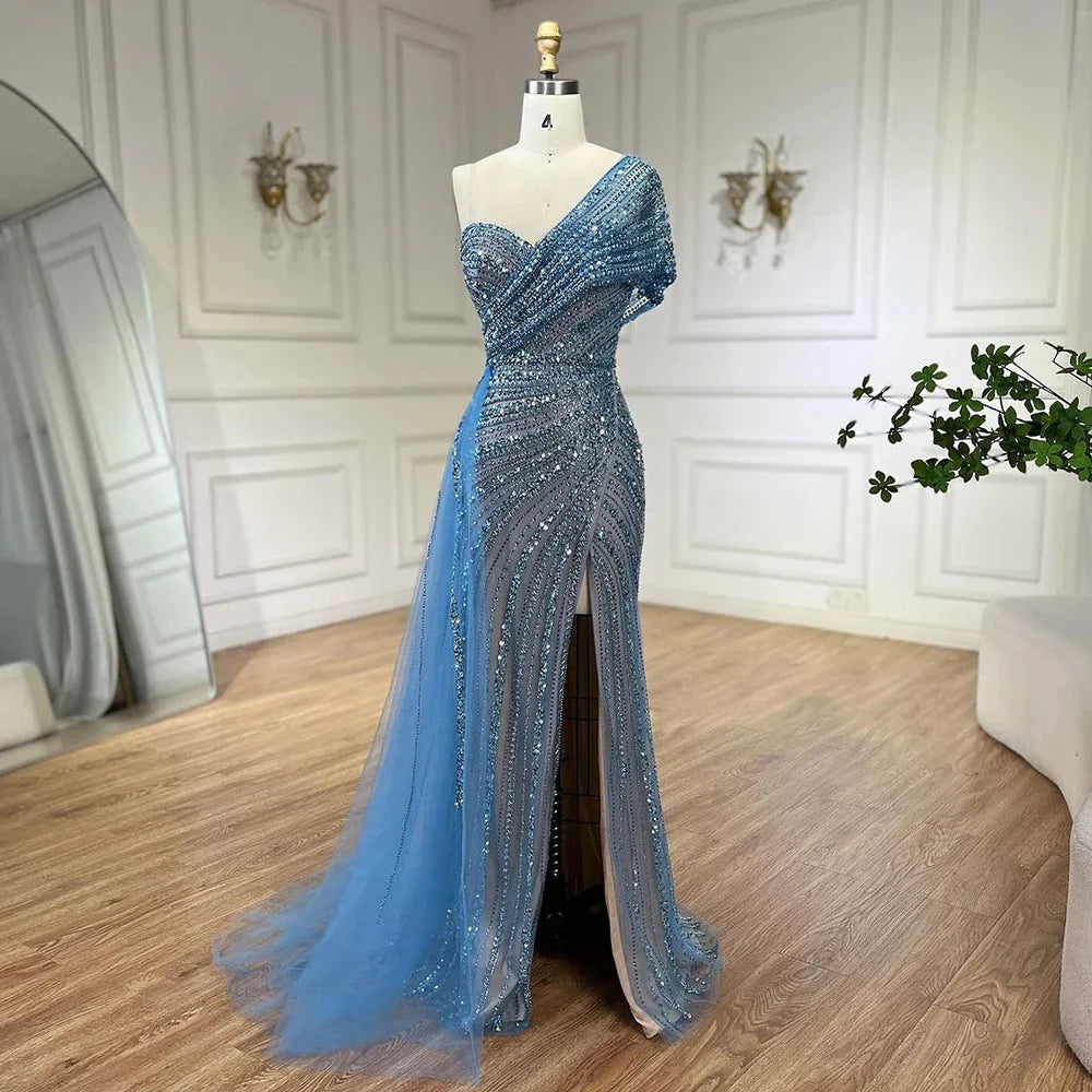 Vestido de noche verde sirena con abertura alta, un hombro y cuentas, para mujer, para boda, fiesta, 2025, LA72364