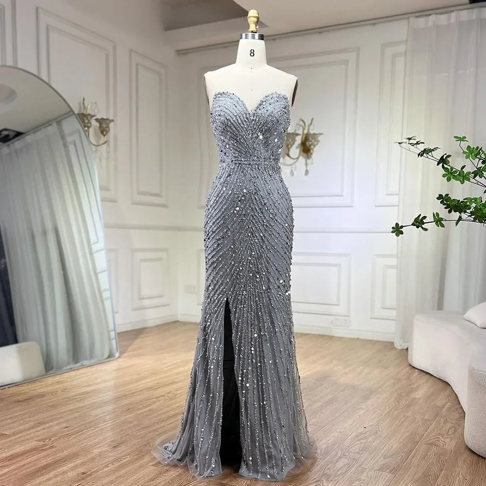 Vestido de noche verde sirena con abertura alta y tirantes finos, con plumas y cuentas, para mujer, fiesta LA72238