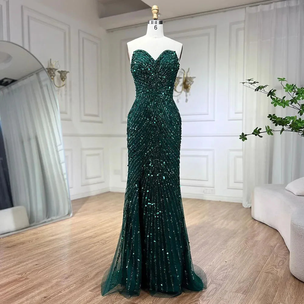 Vestido de noche verde sirena con abertura alta y tirantes finos, con plumas y cuentas, para mujer, fiesta LA72238