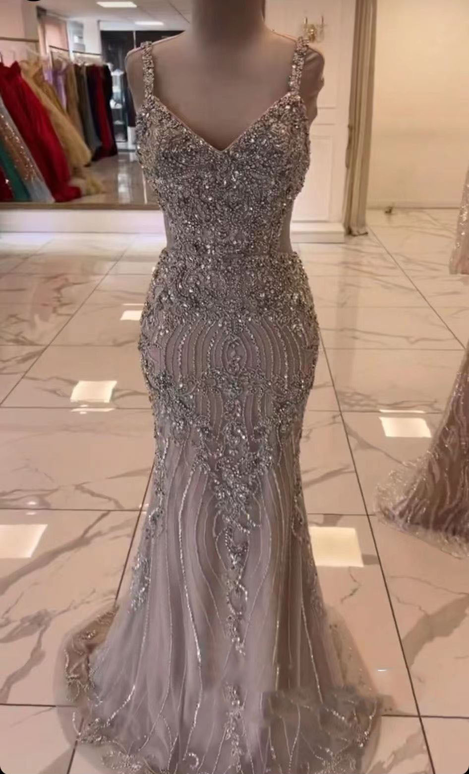 Vestidos de noche de lujo de sirena verde, elegantes vestidos de noche con cuentas y tirantes finos para mujer, fiesta LA71652